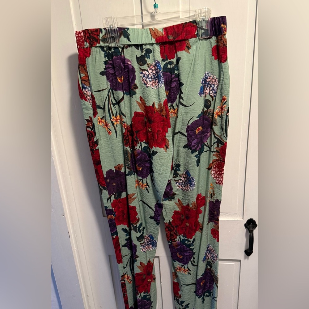 NWT H&M Floral Wide-Leg Pants in Sage Green with Red & Purple Blooms - 14 - Picture 3 of 6